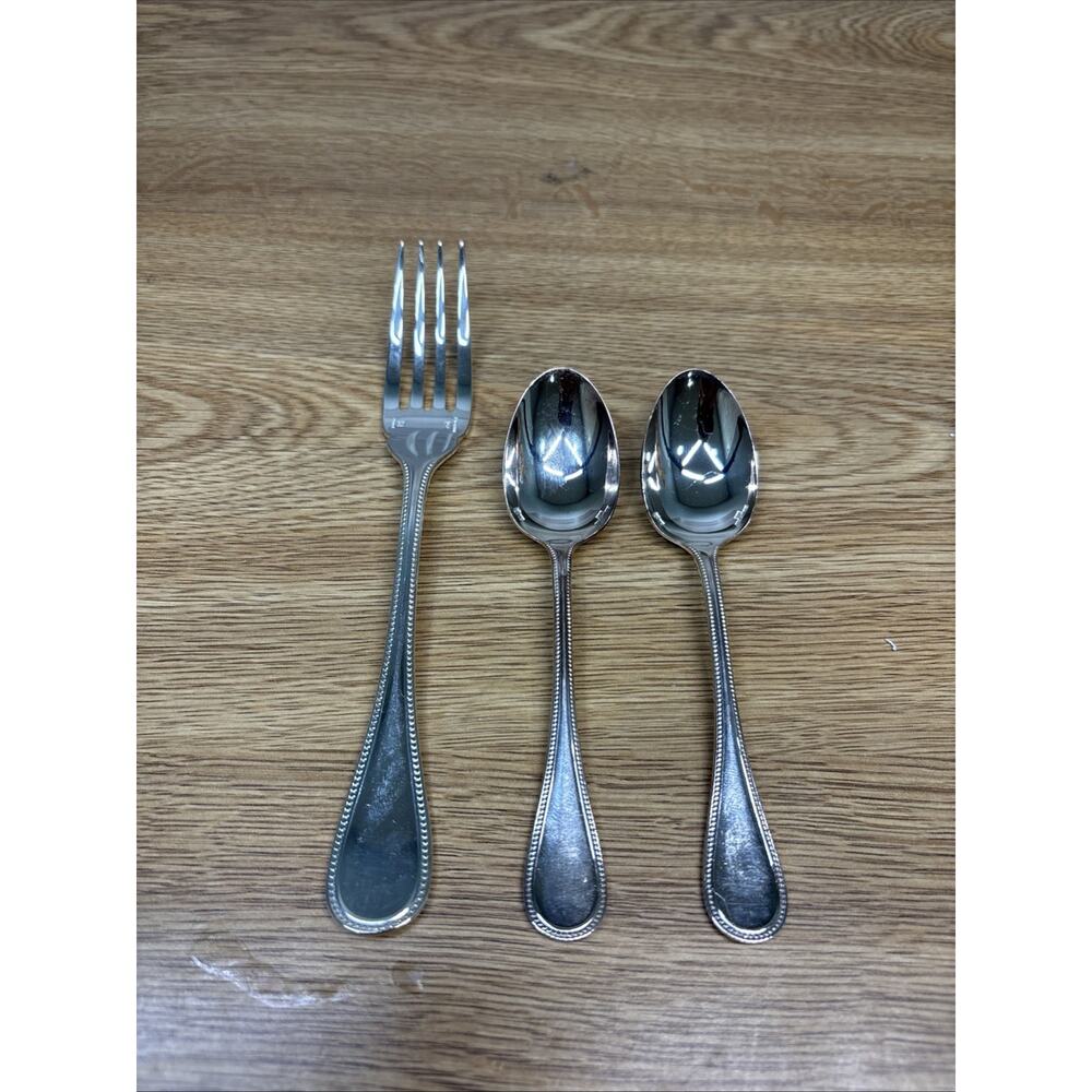 Christofle France Perles Silverplate Oval Coffee Spoon 5.25" & 7” Fork ~3 Pc
